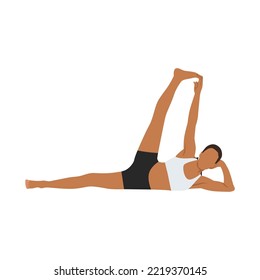 Woman doing Side Reclining Leg Lift Pose, Vishnu Pose, Eternal One Pose. Practice Anantasana. Flat vector illustration isolated on white background