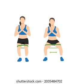 Woman doing Side shuffles. Crab walk training and stretching. Resistance band exercise. Flat vector illustration isolated on white background