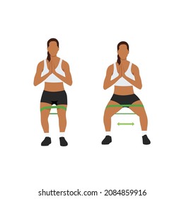 Woman doing Side shuffles. Crab walk training and stretching. Resistance band exercise. Flat vector illustration isolated on white background