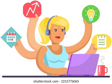 Woman doing simultaneously many tasks. Female employee trying to deal with deadlines. Overworking, overload at work, time management, planning concept. Lady with many hands coping with multitasking