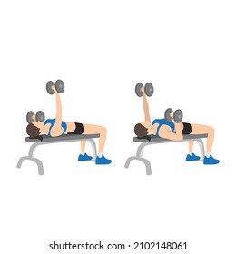 Woman doing Single arm alternating dumbbell flat bench press. Chest exercise flat vector illustration