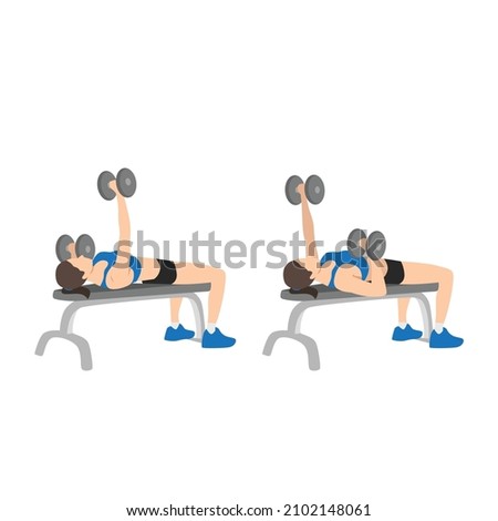 Woman doing Single arm alternating dumbbell flat bench press. Chest exercise flat vector illustration