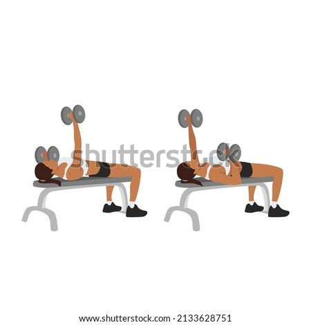 Woman doing Single arm alternating dumbbell flat bench press. Chest exercise flat vector illustration