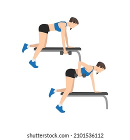 Woman Doing Single Arm Bent Over Row Exercise. Flat Vector Illustration Isolated On White Background. Workout Character Set