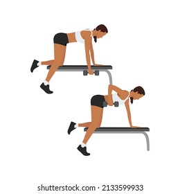 Woman Doing Single Arm Bent Over Row Exercise. Flat Vector Illustration Isolated On White Background. Workout Character Set