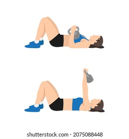 Woman doing Single arm kettlebell floor press exercise. Flat vector illustration isolated on white background. workout character set