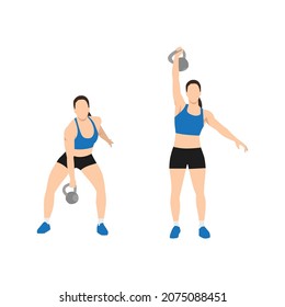 Woman doing Single arm kettlebell snatch exercise. Flat vector illustration isolated on white background. workout character set svg