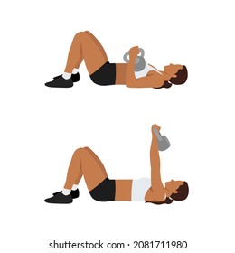 Woman doing Single arm kettlebell floor press exercise. Flat vector illustration isolated on white background. workout character set