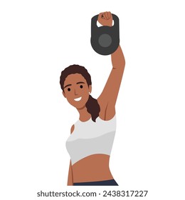 Woman doing Single arm kettlebell snatch workout exercise. Flat vector illustration isolated on white background. workout character set svg