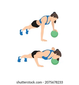 Mujer haciendo ejercicio de pelota de medicina de un solo brazo. Ilustración vectorial plana aislada en fondo blanco. conjunto de caracteres de entrenamiento