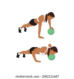 Mujer haciendo ejercicio de pelota de medicina de un solo brazo. Ilustración vectorial plana aislada en fondo blanco. conjunto de caracteres de entrenamiento