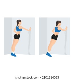 Frauen, die eine Einzelarm-Wand-Anstrengung durchführen. Flache Vektorgrafik einzeln auf weißem Hintergrund. Zeichensatz für Workout