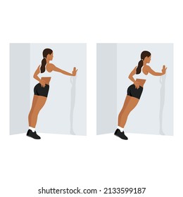 Woman Doing Single Arm Wall Push Up Exercise. Flat Vector Illustration Isolated On White Background. Workout Character Set