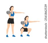 Woman doing Single kettlebell front squat exercise. Flat vector illustration isolated on white background