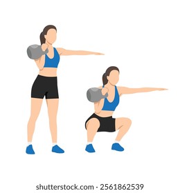 Woman doing Single kettlebell front squat exercise. Flat vector illustration isolated on white background