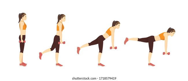 Woman doing Single Leg Deadlift exercise while holding Dumbbell in her hands in 4 step. Illustration about Fitness with lightweight equipment.