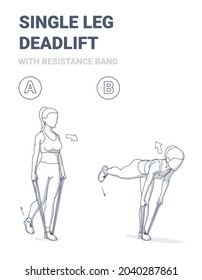 Woman Doing Single Leg Deadlift Home Workout Exercise with Resistance Band Guidance. Girl in Sportswear Do Fitness Exercise with Rubber Band Equipment.