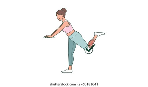 A woman doing a single leg exercise with one leg lifted isolated on white background, Vector, illustration