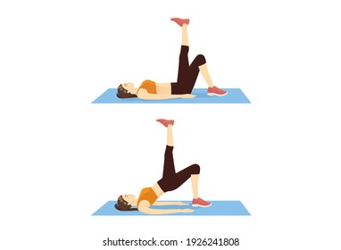 Mujer haciendo ejercicios de empuje de cadera de una sola pierna sobre alfombra de yoga en 2 pasos. Ilustración sobre entrenamiento para atacar músculos abdominales, de cadera y de espalda.