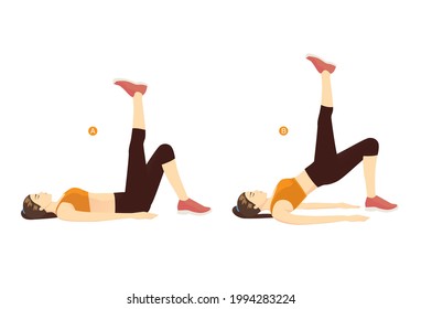 Woman doing single leg Hip Thrust Exercise in 2 steps for six-pack and strong back. Illustration about workout to target at abdominal, hip, and back muscles.