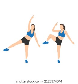 Woman Doing Single Leg Side Crunch Exercise. Flat Vector Illustration Isolated On White Background