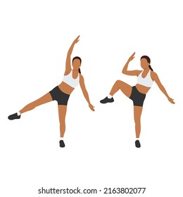 Woman Doing Single Leg Side Crunch Exercise. Flat Vector Illustration Isolated On White Background