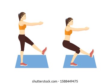 Woman doing single leg squat pose exercise in 2 step. Illustration about position for build abdominal muscles.