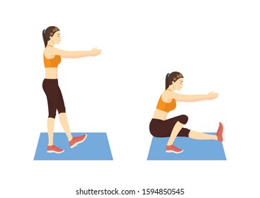 Woman doing single leg squat pose exercise in 2 steps. Illustration about position for build abdominal muscles.