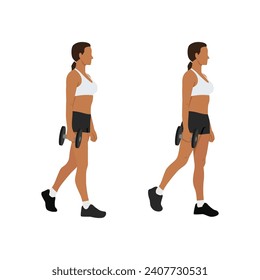 Woman doing single or one arm dumbbell farmers walk or suitcase carry exercise. Flat vector illustration isolated on white background