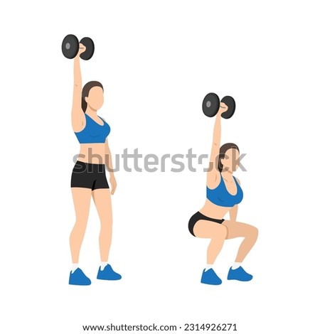 Woman doing single or one arm overhead dumbbell squats exercise. Flat vector illustration isolated on white background
