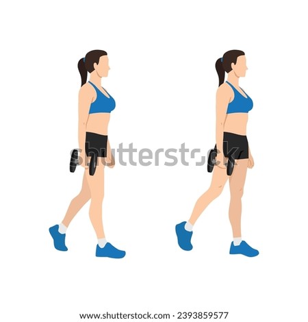 Woman doing single or one arm dumbbell farmers walk or suitcase carry exercise. Flat vector illustration isolated on white background