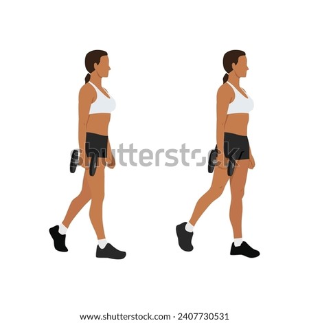 Woman doing single or one arm dumbbell farmers walk or suitcase carry exercise. Flat vector illustration isolated on white background