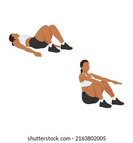 Woman doing Sit up exercise. Flat vector illustration isolated on white background