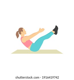 Woman doing sit up. Girl workout at home. Gymnastics sport activity. Exercise training. Yoga meditation. Women sportswear. Slim and fit body. Human health. Healthy flat vector character illustration.