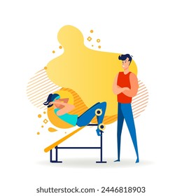 Woman doing sit ups in gym. Fitness instructor training customer, exercising, workout flat vector illustration. Sport, activity, lifestyle concept for banner, website design or landing web page