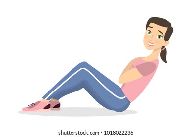 Woman doing sit-ups. Fitness exercise on white background.