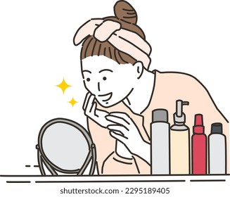 Woman doing skin care while looking in the mirror
