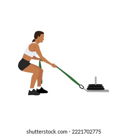 Woman doing sled pulls exercise. Flat vector illustration isolated on white background with layer. Workout character