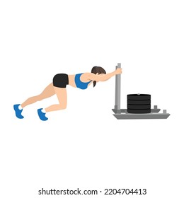 Woman doing sled pushed exercise. Flat vector illustration isolated on white background