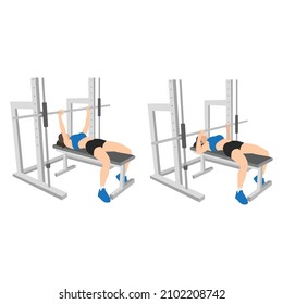 Woman doing Smith machine barbell bench press flat vector illustration isolated on different layers