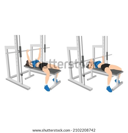 Woman doing Smith machine barbell bench press flat vector illustration isolated on different layers