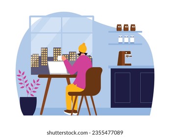 Woman doing something while enjoying a drink in a cafe, looking at the city view, coffee shop vector illustration.