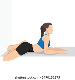 Mujer haciendo Esfinge Pose Bound Angle Legs Wall o Salamba Bhujangasana Pada Baddha Konasana Wall. Ilustración vectorial plana aislada sobre fondo blanco