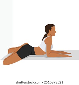 Mujer que hace la pose de la esfinge Pared atada de las piernas del ángulo o Pared de Salamba Bhujangasana Pada Baddha Konasana. Ilustración vectorial plana aislada sobre fondo blanco