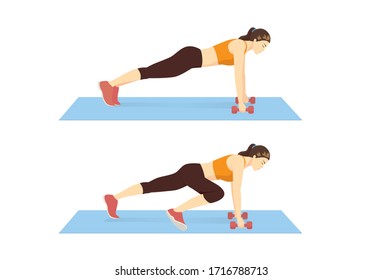 Woman Doing Spiderman Plank Exercise With Dumbbell On Blue Mat In 2 Step. Illustration About Fitness With Lightweight Equipment For Abdominal Muscles.