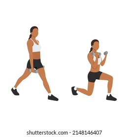 Woman doing Split squat curl exercise. Flat vector illustration isolated on white background