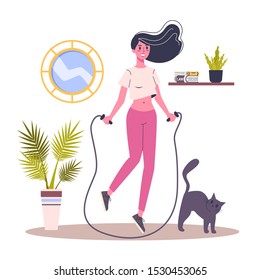 Woman doing sport exercise with jumping rope. Idea of healthy and active lifestyle. Isolated vector illustration in cartoon style