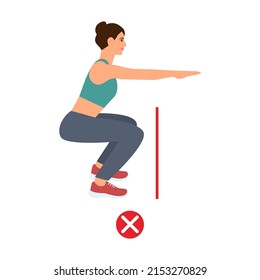 Woman doing sport exercise. Physical training wrong squats.Incorrect posture.Vector Illustration isolated