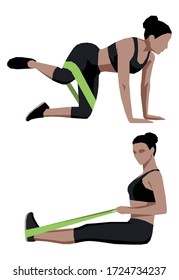 Mujer haciendo ejercicios deportivos con banda elástica, fitness con banda de resistencia en casa, ilustración vectorial.