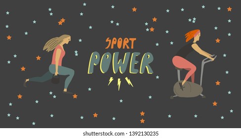Woman doing sport exercises . Sport power hand drawn text . Healthy lifestyle . Freehand drawing vector flat illustration